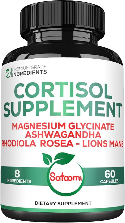 Satoomi 8in1 Cortisol Manager - Supplement with Magnesium Glycinate, Ashwagandha, Rhodiola Rosea, Lions Mane & More - Cortisol Reducer Men & Women - 60 Capsules