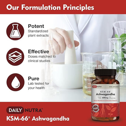 KSM-66 Ashwagandha 600mg Organic Root Extract - High Potency Supplement with 5% Withanolides | Relieves Tiredness, Supports Relaxation, Focus, Energy, & Muscle Growth (90 Capsules)