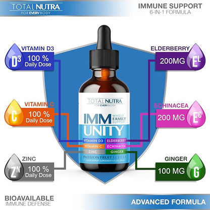 Total Immune 6-in-1 Liquid Multivitamin Supplement | 100% Daily Zinc, Vitamin D3, Vitamin C Immunity Drops Vitamin Liquid | Elderberry, Echinacea, Ginger Support for Adults & Kids | 4 oz Passion Fruit