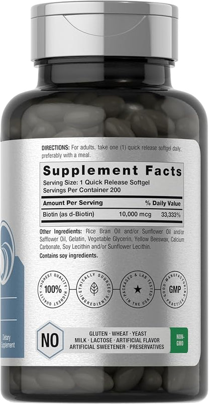 Horbaach Biotin 10000 mcg | 200 Softgels | Vitamin B7 Supplement | Non-GMO & Gluten Free