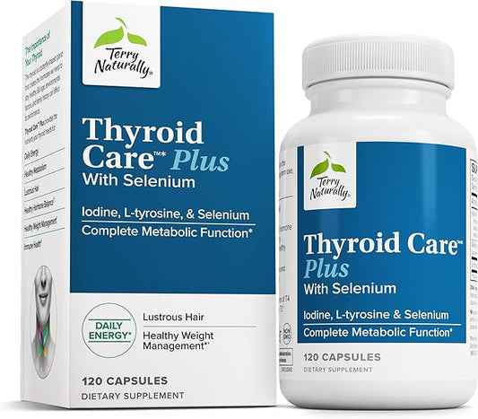 Terry Naturally Thyroid Care Plus - Supplement to Aid Thyroid - Dietary Supplement for Energy & Healthy Hair Support - Supplement with L-Tyrosine & Selenium - 120 Capsules