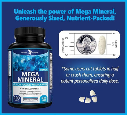Potent Garden Mega Mineral Supplement Complete Mineral Complex with Calcium Magnesium Zinc Potassium Boron Selenium Chromium & 72 Trace Minerals Iron Free Calcium Supplement -100 Pills