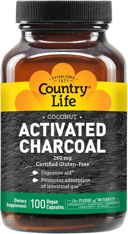 Country Life Coconut Activated Charcoal Capsules, 260mg – Natural Charcoal Supplement for Gas and Bloating Relief - Gluten-Free, 100 Vegan Capsules