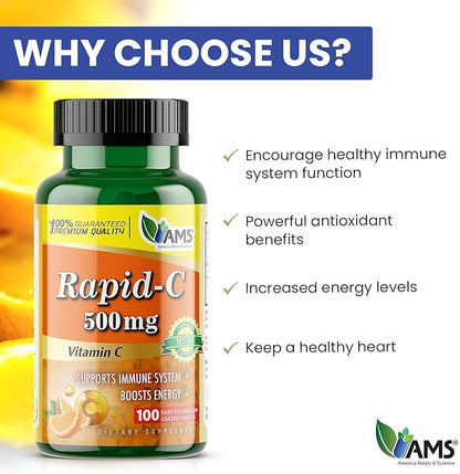 America Medic & Science Rapid-C 500mg Vitamin C Supplement (3 Pack of 100 Tablets) Energy Booster, Daily Immune System Support, Antioxidant | Vegan, Non-GMO Coated Ascorbic Acid for Adult Men & Women
