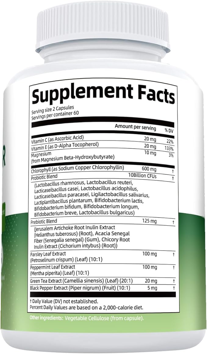 Body Deodorizing Supplement, Chlorophyll Capsules with Parsley & Peppermint, Probiotic, Green Tea, Jerusalem Artichoke, Prebiotic, Supports Fresh Breath & Whole-Body Freshness, 120 Capsules