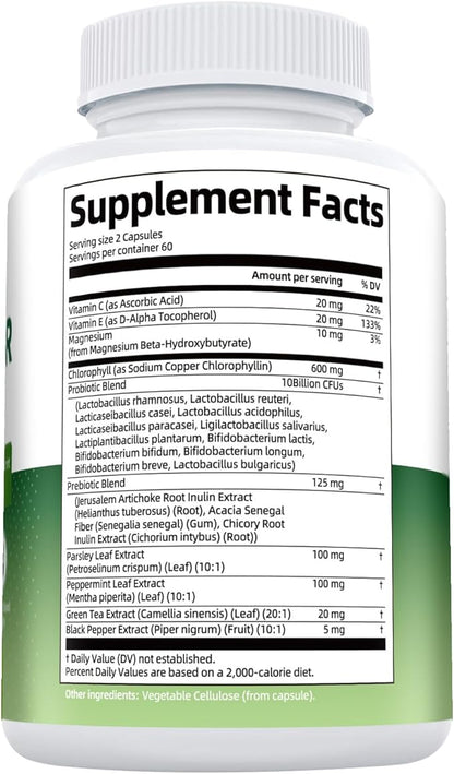 Body Deodorizing Supplement, Chlorophyll Capsules with Parsley & Peppermint, Probiotic, Green Tea, Jerusalem Artichoke, Prebiotic, Supports Fresh Breath & Whole-Body Freshness, 120 Capsules