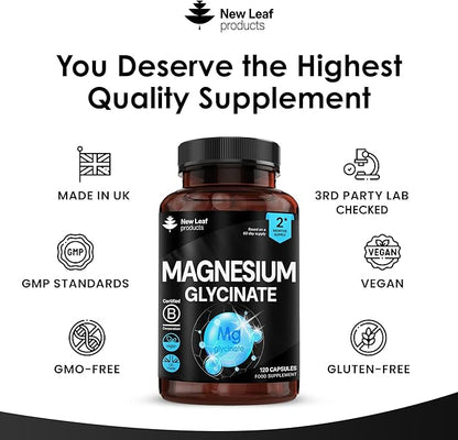 Magnesium Glycinate Supplements - 180 High Strength Capsules - 1040mg of Magnesium Providing 208mg Elemental Magnesium Per Serving - Pure Active Ingredient - UK Manufactured
