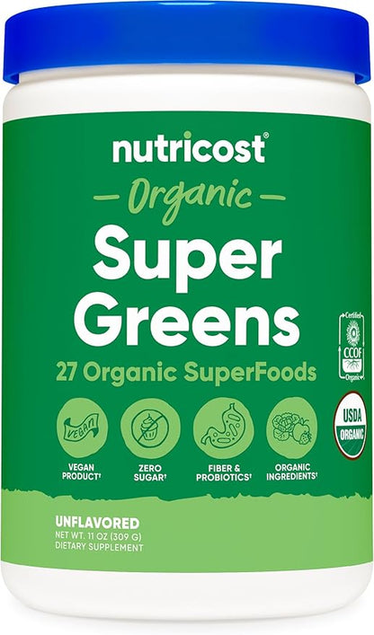 Nutricost Organic Super Greens Powder (30 Servings) - Superfood Supplement Drink Mix (30 Servings, No Flavor Added)