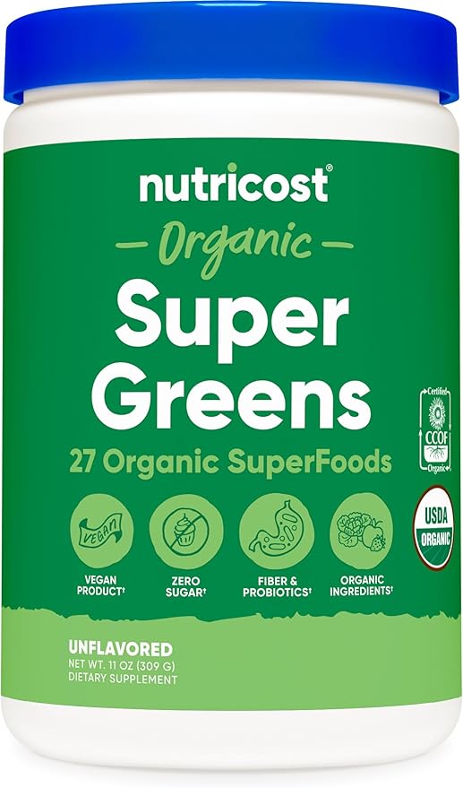 Nutricost Organic Super Greens Powder (30 Servings) - Superfood Supplement Drink Mix (30 Servings, No Flavor Added)
