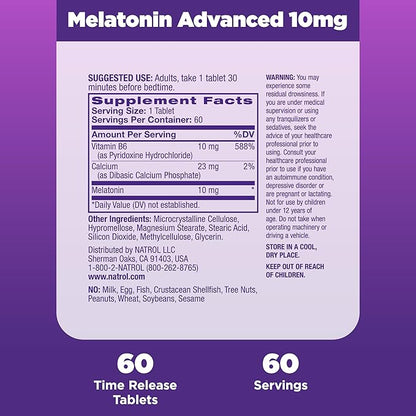 Natrol Sleep Advanced Melatonin Time Release Tablets, Nighttime Sleep Aid, 10mg, 60 Count (Pack of 2)