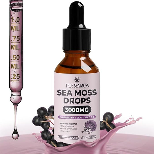 Irish Sea Moss Drops - 5X Stronger Than Sea Moss Gel - 92+ Essentials Minerals - with Black Elderberry, Burdock Root & Black Cumin - 2 Fl Oz (60ml) - Elderberry Flavor