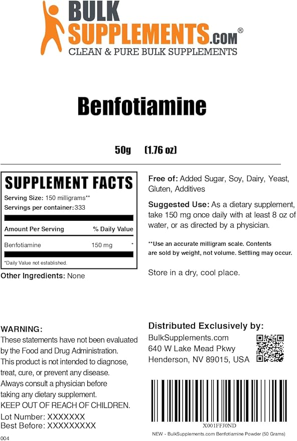 BulkSupplements.com Benfotiamine Powder - Thiamine B1 Supplement, Benfotiamine Supplement - Benfotiamine 150mg, Gluten Free - 150mg per Serving, 50g (1.8 oz) (Pack of 1)