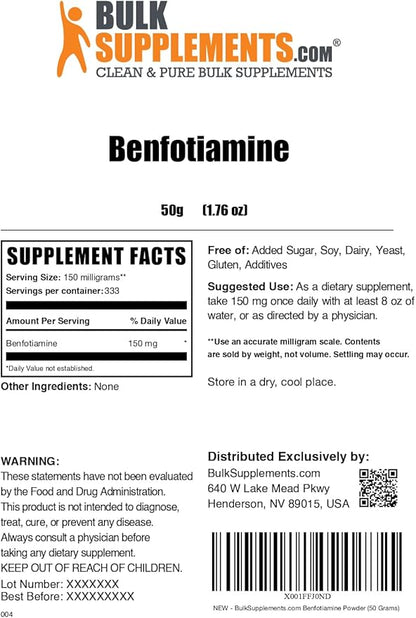 BulkSupplements.com Benfotiamine Powder - Thiamine B1 Supplement, Benfotiamine Supplement - Benfotiamine 150mg, Gluten Free - 150mg per Serving, 50g (1.8 oz) (Pack of 1)