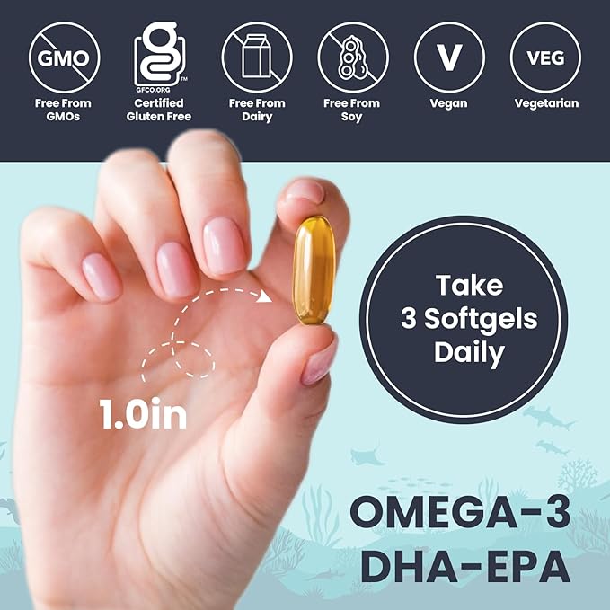 Omega 3 Fish Oil Capsules [3000mg] Omega 3 Supplement DHA Supplement | Omega3 Fish Oil Pills | for Heart Health, Immune System, Joints, Skin, & Brain Health, Gluten-Free and BURPLESS