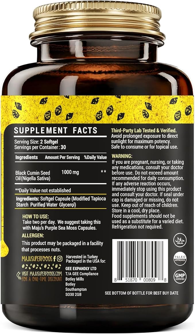 Maju Superfoods Black Seed Oil Capsules - Cold Pressed, 2% Thymoquinone, 100% Turkish Black Cumin Nigella Sativa Seed Oil, Liquid Pure Blackseed 60 Count, 500mg per Capsule