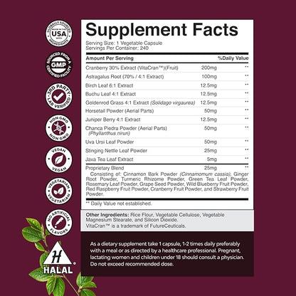 Kidney Support Supplement - High Strength Kidney Cleanse, Detox & Repair Cranberry Extract Capsules with Uva Ursi, Stinging Nettle & Chanca Piedra - Urinary Tract Health & Bladder Cleanse - 240 Caps