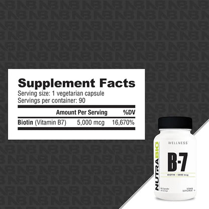 NutraBio Biotin (Vitamin B-7) Supplement, 5000mcg - May Help Promote Healthy Hair, Skin, and Nails, 90 Vegetable Capsules