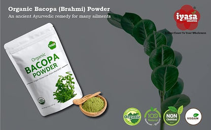 Organic Bacopa Powder (Brahmi Leaf), Certified Organic Ayurveda Superfood, Hair and Brain Tonic, Resealable Pouch of 8 oz