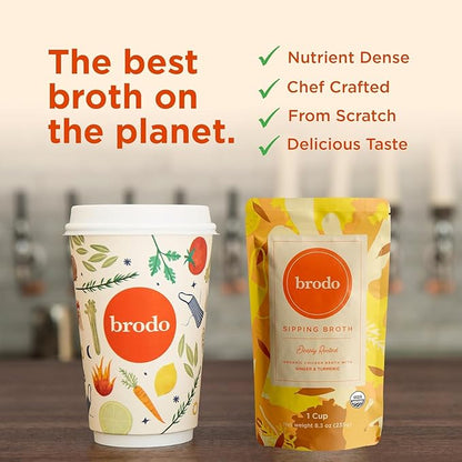 Brodo Organic Chicken Bone Broth, Protein-Rich Bone Broth with Collagen, Nourishing Chicken Broth Low Sodium for Sipping and Cooking, Slow-Simmered for Deep Flavor, (4x 25 oz. Pouches)