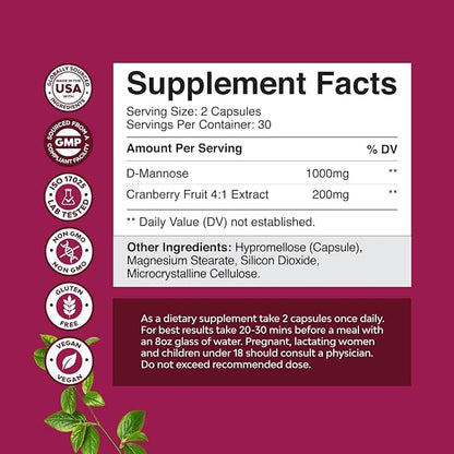 D Mannose with Cranberry Supplement - Potent D Mannose 1000mg Capsules for Kidney Defense Support & Cleanse and Urinary Tract Health for Women & Men - Bladder Health Supplement for Adults - 60 Count