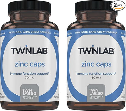 Twinlab Zinc Caps - Immune Support Supplement - Zinc Picolinate & Zinc Gluconate - Pure Zinc Supplement for Immune Defense, Healthy Skin, DNA Synthesis, Metabolism and Growth - 30mg, 100 Caps - 2 Pack
