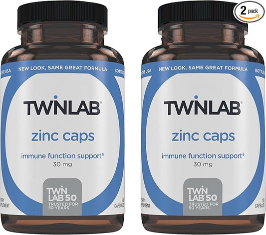 Twinlab Zinc Caps - Immune Support Supplement - Zinc Picolinate & Zinc Gluconate - Pure Zinc Supplement for Immune Defense, Healthy Skin, DNA Synthesis, Metabolism and Growth - 30mg, 100 Caps - 2 Pack