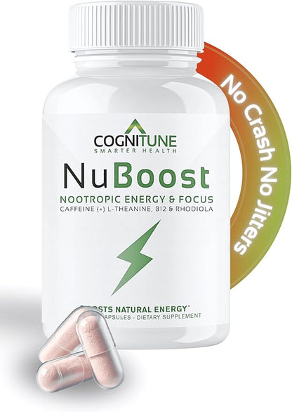 CogniTune NuBoost Energy & Focus Brain Supplement, Caffeine L-Theanine, Vitamin B12, Rhodiola + BioPerine, No Crash, Jitter Free 100mg Caffeine Pills, Clean Nootropic Brain Booster, 60 Ct