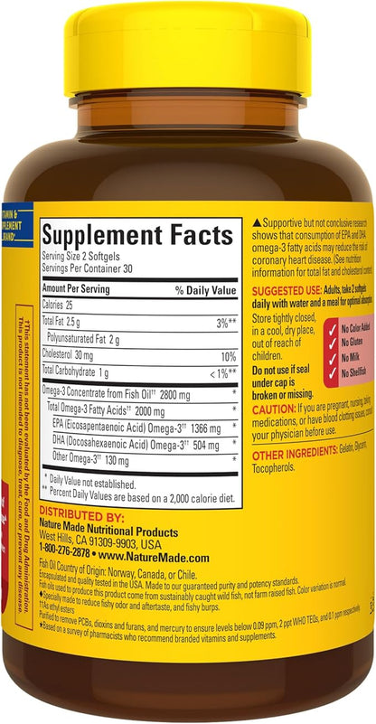 Nature Made Extra Strength Omega 3 Fish Oil Supplements, 2800mg, Fish Oil Omega 3 Supplements as Ethyl Esters for Healthy Heart, Brain, Eyes, Mood Support, 60 Softgels, 30 Day Supply