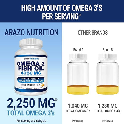 Arazo Nutrition Wild Caught Omega 3 Fish Oil – 120 Soft Gels – 4,080mg High EPA 1200mg DHA 900mg Lemon Flavor Burpless Softgels