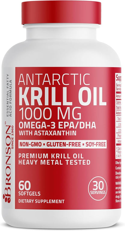 Bronson Antarctic Krill Oil 1000 mg with Omega-3s EPA, DHA, Astaxanthin and Phospholipids 60 Softgels