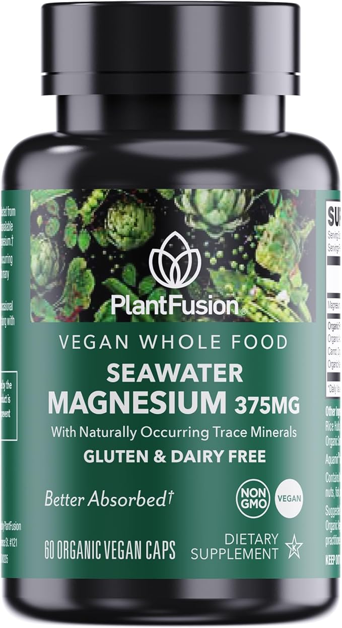 PlantFusion Vegan Magnesium Complex 375mg from Sea Water, Bioavailable Marine Magnesium with Fermented Organic Whole Food Blend, Non-GMO, Muscle & Relaxation Support, 60 Cap