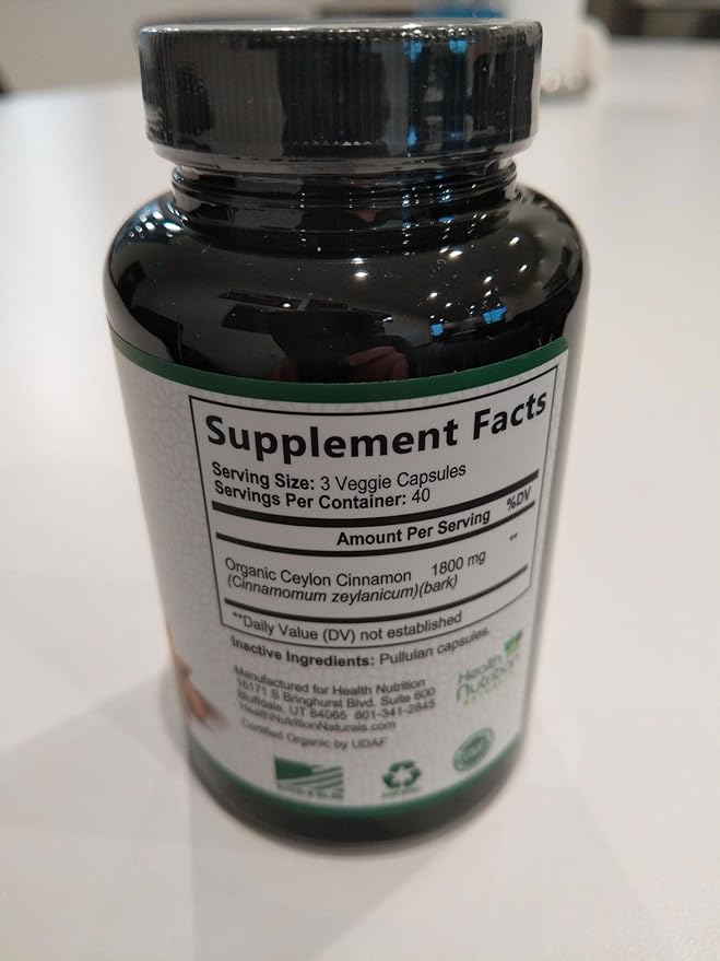Organic Ceylon Cinnamon Capsules 1800 mg - Pure True Ceylon Cinnamon Powder Supplements, Certified Organic Herbal Supplement, Non-GMO, Gluten Free, Vegan, Antioxidant Pills Supplement - 120 Capsules