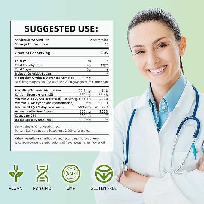 Magnesium Glycinate Gummies 400mg,Sugar Free Magnesium Gummies for Adults & Kids,High Absorption Magnesium Supplement for Sleep,Stress & Muscle Relief (60 Count, Mixed Berry)