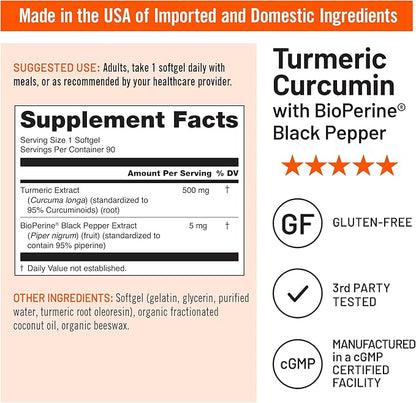 NatureWise Turmeric Curcumin 500mg with Black Pepper Softgels - Extra Strength, Enhanced Absorption - 95% Curcuminoids & BioPerine for Immune Support - Gluten-Free, Non-GMO - 90 Count[3-Month Supply]