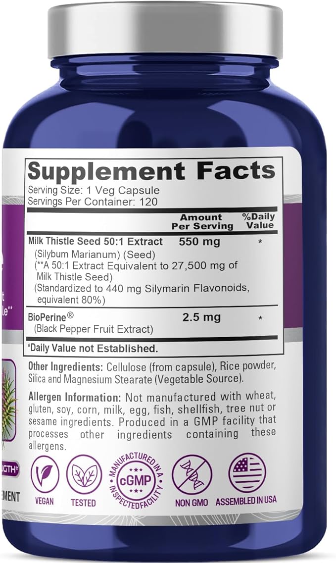 NusaPure Milk Thistle Extract 27,500mg 120 Veggie Capsules (50:1 Extract, Non-GMO, Vegan) Max Strength - Standardized 80% Silymarin, Bioperine