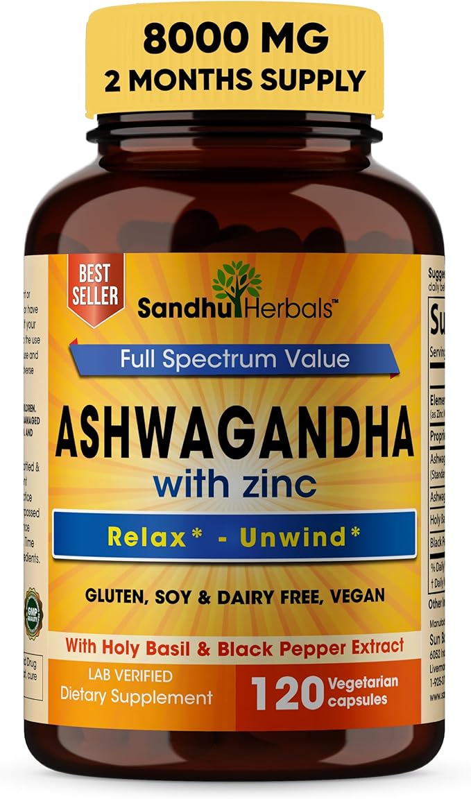 Sandhu Herbals Zinc 30mg Supplement and Organic 4 in 1 Ashwagandha Capsules with Zinc| Supports Healthy Skin, Immune System| Non-GMO