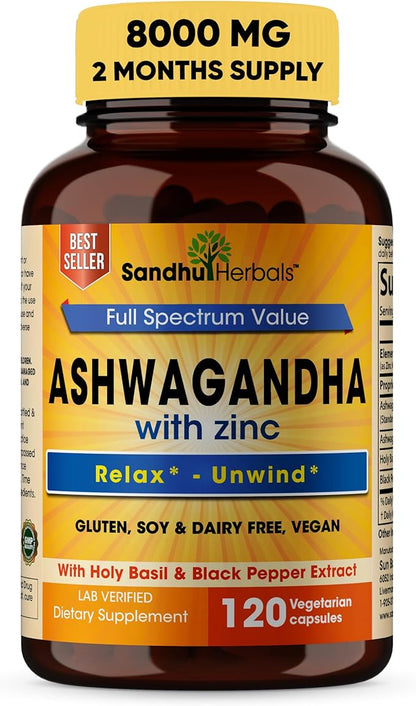 Sandhu Herbals Zinc 30mg Supplement and Organic 4 in 1 Ashwagandha Capsules with Zinc| Supports Healthy Skin, Immune System| Non-GMO