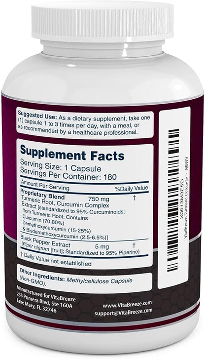 Turmeric Curcumin Complex with Black Pepper Extract - 755mg per Capsule, 180 Veg. Caps - Contains Piperine (for Superior Absorption and Tumeric Bio-Availability) and 95% Standardized Curcuminoids