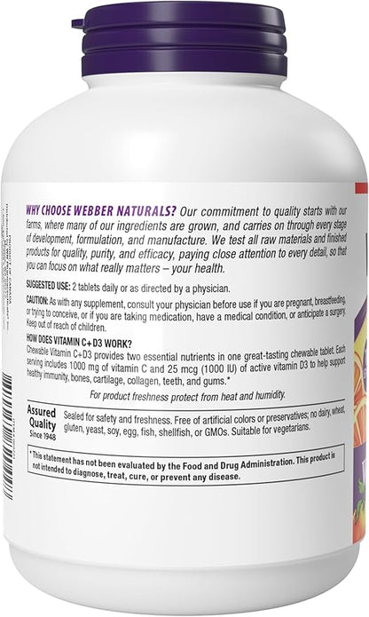 Webber Naturals Vitamin C+D3, 200 Chewable Orange Tablets, 1000 mg of Vitamin C with 1000 IU of Vitamin D3 Per Serving, Bones, Teeth, Immune and Antioxidant Support, Non GMO, Dairy & Gluten Free