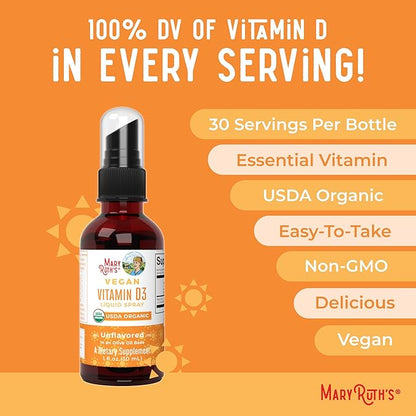 Vitamin D USDA Organic | Vitamin D3 Liquid | Sugar Free | Liquid Vitamin D Spray Immune Support for Adults & Kids | Bone Health | VIT D3 | Vegan | Gluten Free | Non-GMO | 30 Servings