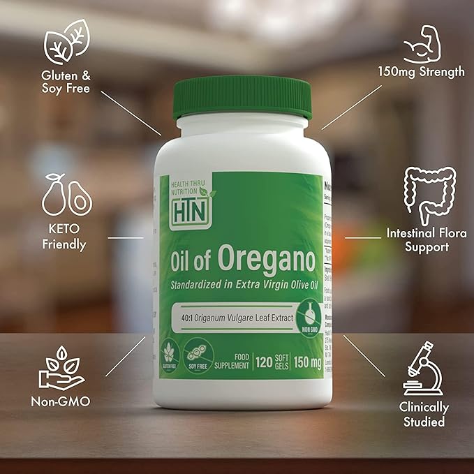Oil of Oregano 120 Mini-Softgels | Wild Harvested | European 40:1 Origanum Vulgare Equivalent to 600mg Oregano in Extra Virgin Olive Oil | Non-GMO Gluten Free | by Health Thru Nutrition (Pack of 120)
