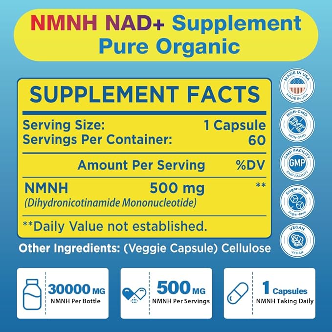 NMNH Supplement (Dihydronicotinamide Mononucleotide)500mg Per Serving, NMNH NAD Supplements for Women & Men, NMNH to Boost NAD+ Levels As We Age for Anti Aging, Cell Health*, Brain* , Energy-180 Count