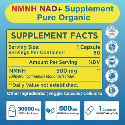 NMNH Supplement (Dihydronicotinamide Mononucleotide)500mg Per Serving, NMNH NAD Supplements for Women & Men, NMNH to Boost NAD+ Levels As We Age for Anti Aging, Cell Health*, Brain* , Energy- 60 Count