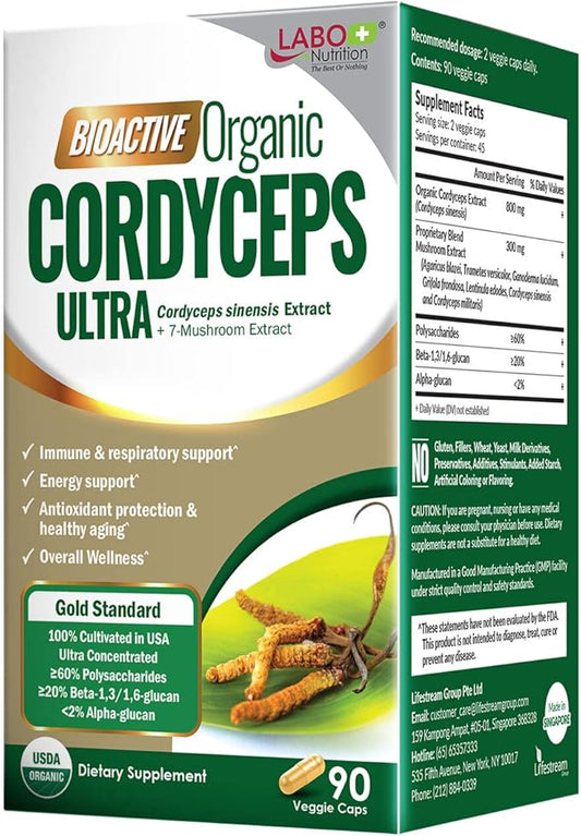 LABO Nutrition Bioactive Organic Cordyceps Ultra – 8 Mushroom Extract Supplement, Cordyceps, Reishi, Turkey Tail, Maitake, Agaricus blazei, Shiitake, for Immunity, Energy, Stamina, No Fillers