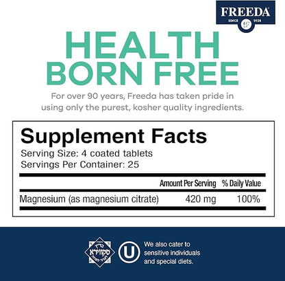 Freeda Magnesium Citrate 400mg Per Serving - High-Absorption Magnesium Citrate Tablets - Essential Mineral for Nerve & Bone Health - Vegan, Kosher, Gluten-Free Magnesium Supplement (250 Ct)