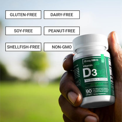 Essential Elements D3 Vitamins 5000 IU Softgels with Olive Oil for Bone, Muscle, & Immune Support