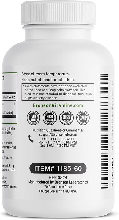 Bronson Bilberry Extra Strength Vaccinium Myrtillus, Promotes Eye Health and Supports Healthy Vision - Non GMO, 60 Vegetarian Capsules