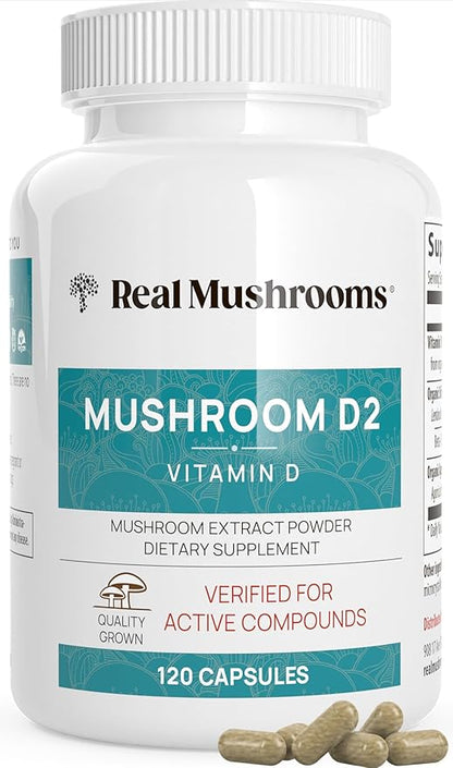 Real Mushrooms Vitamin D2 120 ct Vegan D Supplements - Organic Supplement 1000 IU Shiitake Agaricus Mushroom Complex Vitamins for Bone Muscle Health, Energy, Mood