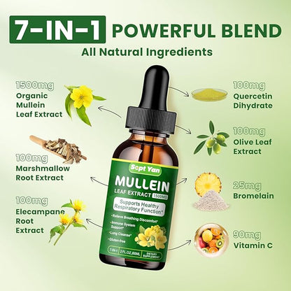 Mullein Drops for Lungs - 1500mg Mullein Leaf Extract Liquid Organic Herbal Supplement Support Lung Detox & Cleanse, Immune, Respiratory Function for Healthy Breathing - Natural Flavor, 2 Fl Oz, Vegan