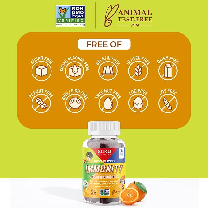Kids Super Immunity - Elderberry, Echinacea, Vitamin A and Zinc Gummies for Immune Support - Easy to Chew - Non GMO, Gluten Sugar Free - Pomegranate Lime Gummy Vitamins, 50 Count